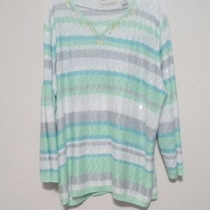 Alfred Dunner Mint Green and Gray V-Neck Sweater